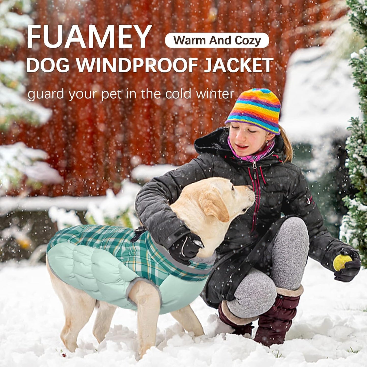 FUAMEY Dog Coat for Medium Dogs,Waterproof Dog Winter Jacket with Harness Built in Puppy Cold Weather Coats Reflective Pet Vest with Zipper Warm Fleece Dogs Snowsuit Windproof Green Plaid M