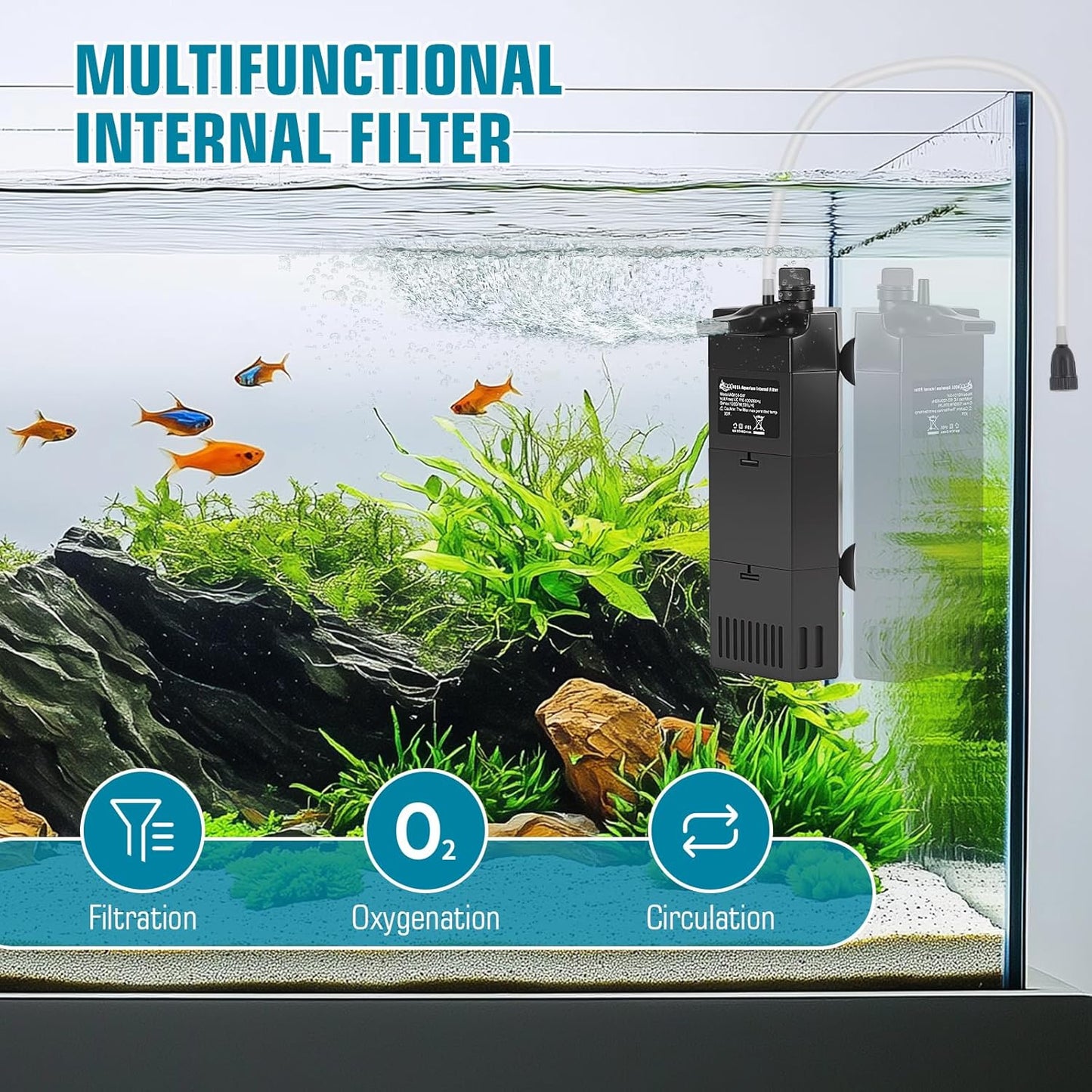 AQQA Aquarium Filter for 30-80 Gallon Fish Tank Powerful Submersible Pumps & Filters with Bio Filtration for Crystal Clear Tank (5W,135GPH)