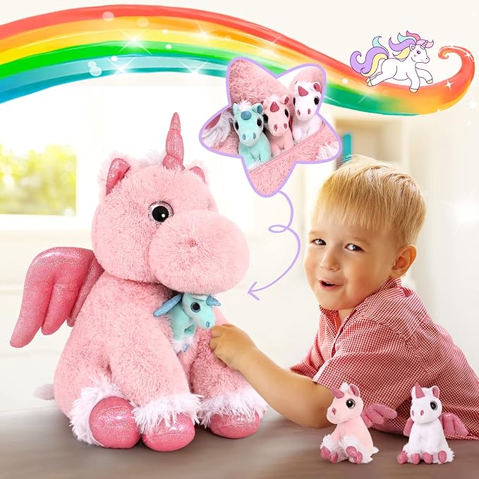 MorisMos Pink Unicorn Stuffed Animal with Babies,18'' Large Stuffed Mommy Unicorn Stuffy with Babies for Kid,4Pcs Unicorn Plush Toy Gifts for Girl,Pregnant Stuffed Animals for Baby Shower Birthday