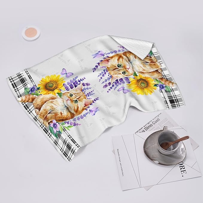 Cute Cat Kitchen Towel Decorative Set of 2, Funny Hand Towels, Sunflower Spring Summer Dish Towels for Kitchen Drying Bathroom Farmhouse Bar Home Decor, Gifts for Cat Loves Women
