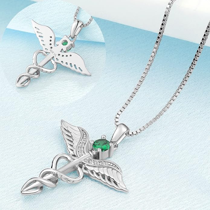 YL Caduceus Necklace Sterling Silver Doctor Nurse Themed Pendant Birthstone Angel Wings Snake Jewelry for Women