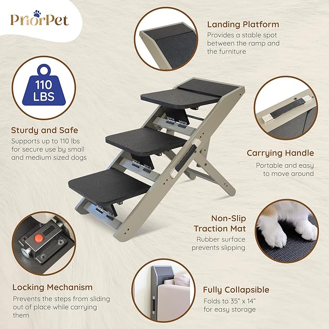 Dog Steps for Bed & Couch 2-in-1 Dog Stairs/Ramp - Height Adjustable Dog Ramp for Couch 7” - 20” - Pet Stairs, Dog Stairs for Small Dogs - Easy to Move Pet Steps with Landing Platform, Gray