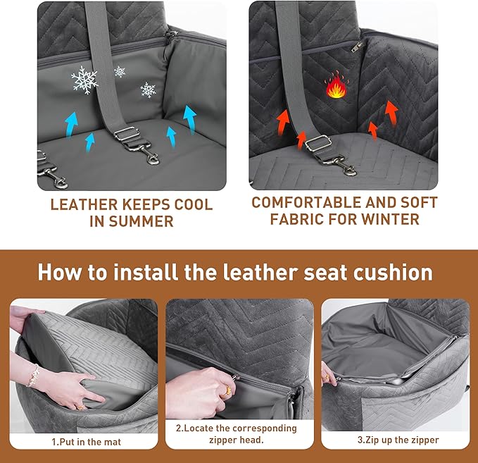 Dog Car Seat Booster with Waterproof Cover, Memory Foam, Small/Medium Dog Bed for Car Back Seat for Travel, Grey, 2 Safety Belt