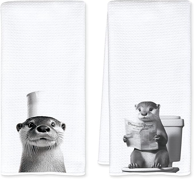Funny Toilet Newspaper Otter Bathroom Hand Towels, Gifts for Women Men Otter Lovers Hand Towels for Bathroom Washroom Restroom Decor, 16x24 Inch Set of 2