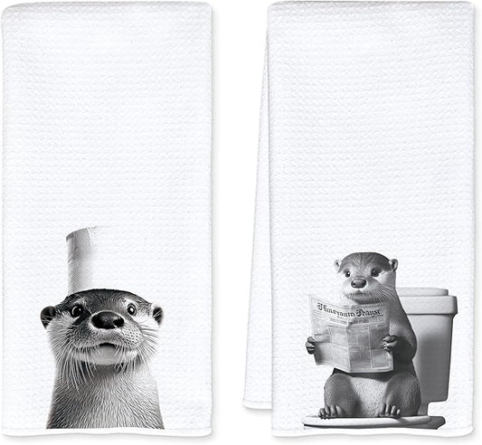 Funny Toilet Newspaper Otter Bathroom Hand Towels, Gifts for Women Men Otter Lovers Hand Towels for Bathroom Washroom Restroom Decor, 16x24 Inch Set of 2