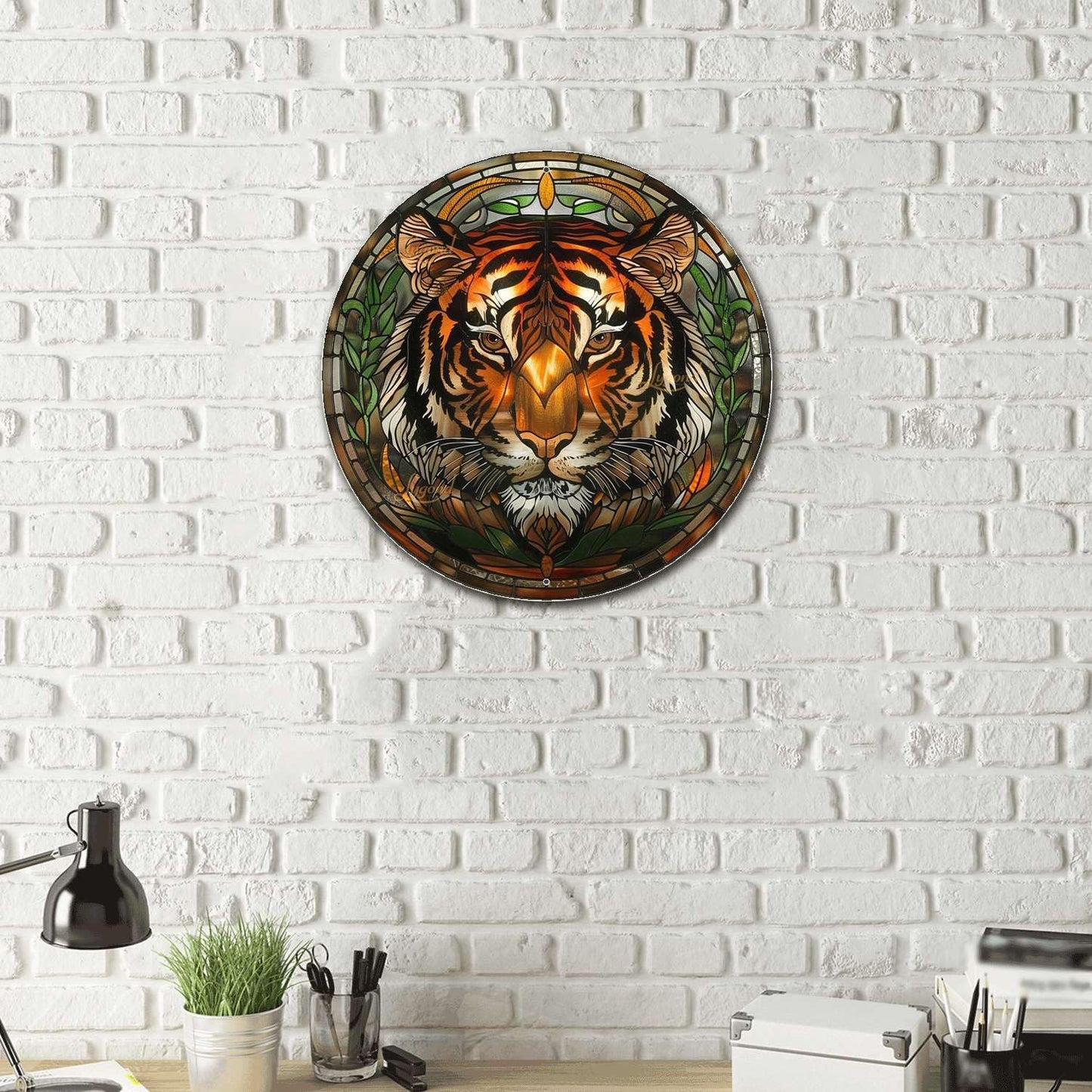 Lygond Metal Sign Tin Sign Circular Stained Glass Tigle Minimalist Wall Art for Home Decor 8×8 Inches