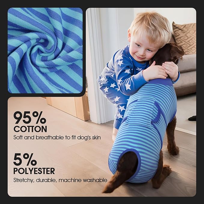 FUAMEY Recovery Suit for Dogs After Surgery,Soft Breathable Dog Bodysuit E-Collar & Cone Alternative Surgical Suit,Male Female Dog Neuter Spay Suits Anti Licking Wounds Onesie Navy Blue Strips XL