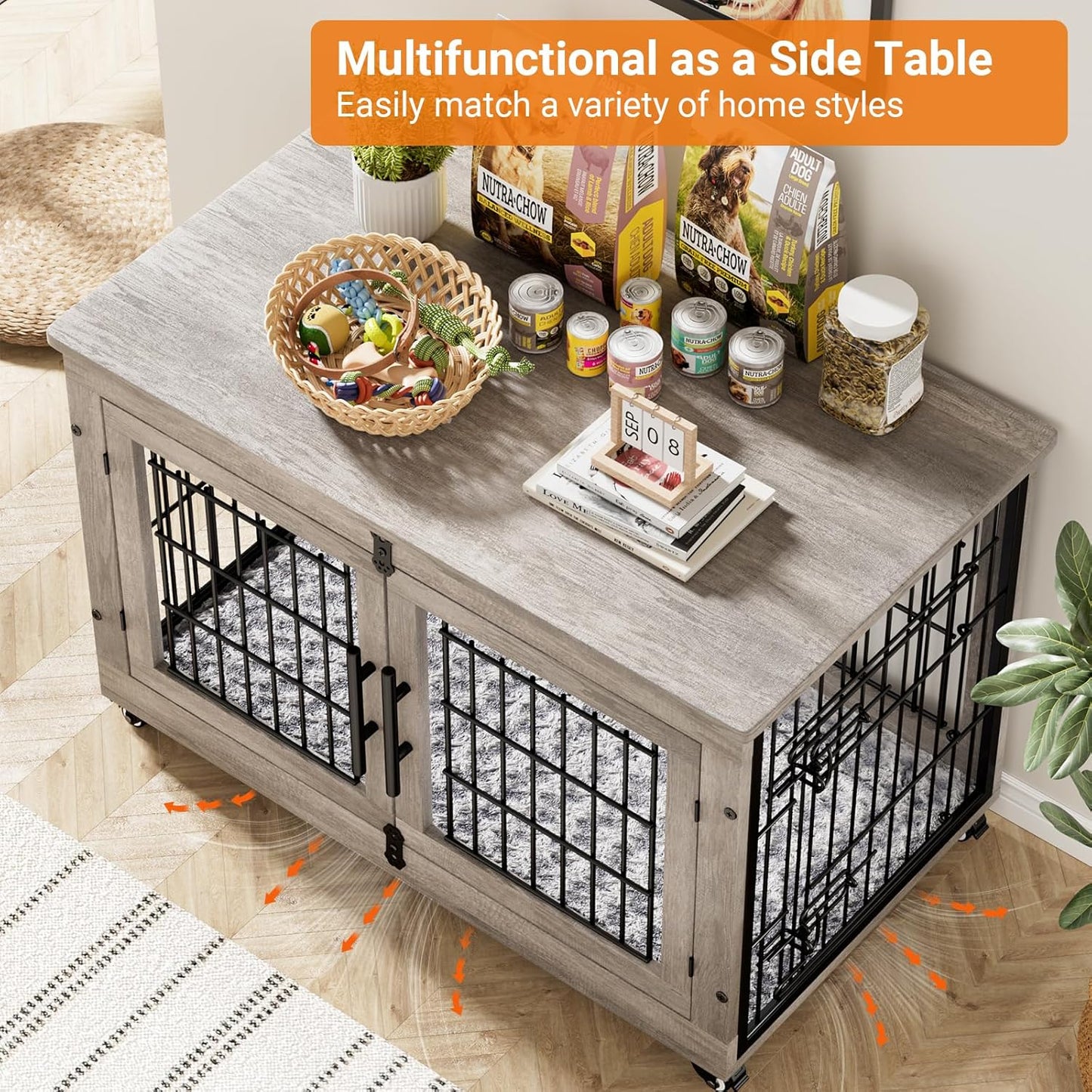 Lulive Dog Crate Furniture Set of 2, Dog Kennel Indoor Double Doors Wooden Dog Cage, 38'' Heavy Duty Dog Crate with Cushion & Wheels, End Table Pet House Chew-Resistant Up to 70 lb, Grey