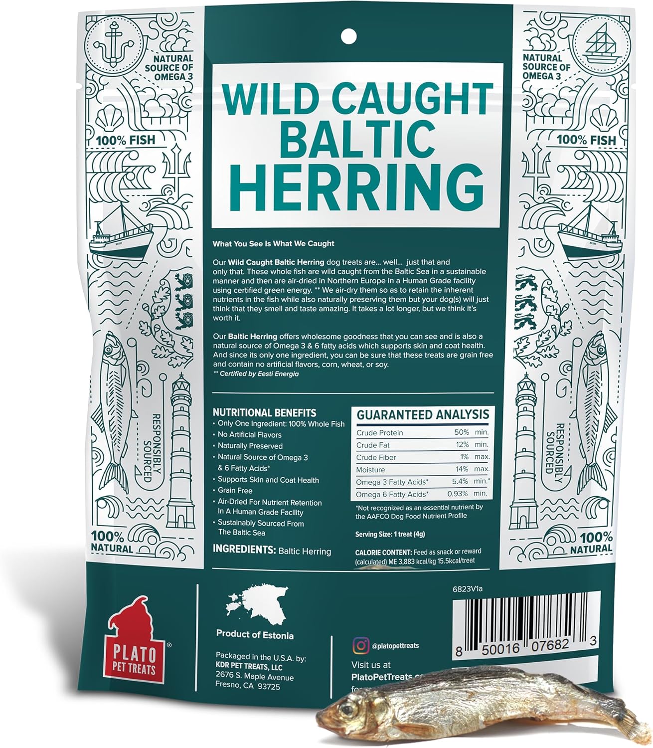 PLATO Pet Treats Fish Dog Treats - Air-Dried, Single Ingredient Dog Treat - with Omega 3 & 6 Fatty Acids to Support Skin and Coat - 100% Whole Fish - Wild Caught Baltic Herring Dog Treats - 8.5 oz