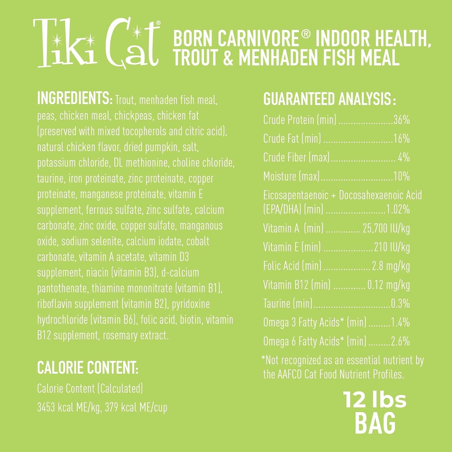 Tiki Cat Born Carnivore Indoor Health Dry Cat Food, Trout & Menhaden Fish Meal, 12 lbs. Bag
