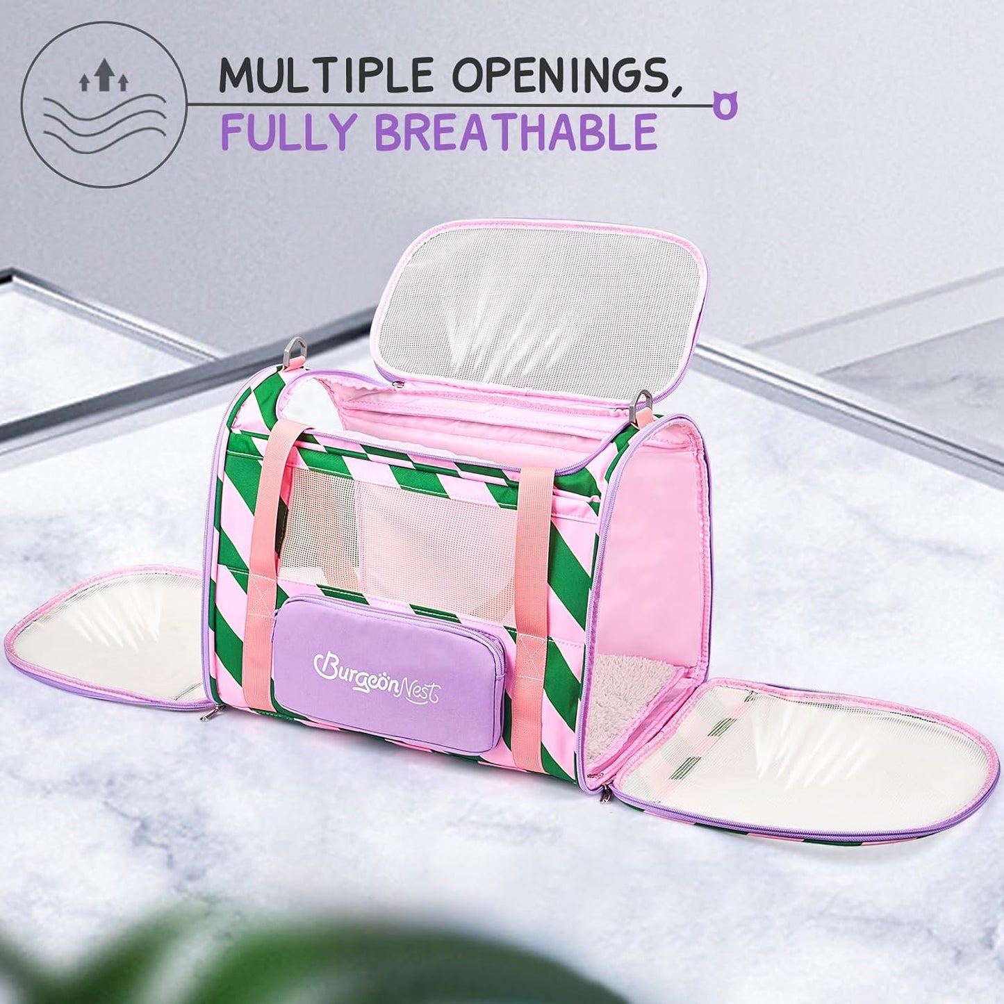BurgeonNest Cat Carrier, Dog Cat Carriers for Large Medium Cats Under 20 lbs, Soft Sided Pet Carrier, Collapsible Travel Carry Puppy Kitten Cat Carrier with Big Side Bag (Medium, Pink-Green)