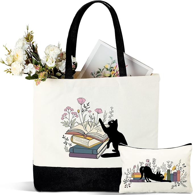 Cunno 2 Pcs Book Tote Bags Purse Set Book Lovers Gifts Canvas Tote Bags Librarian Bookish Birthday Gifts
