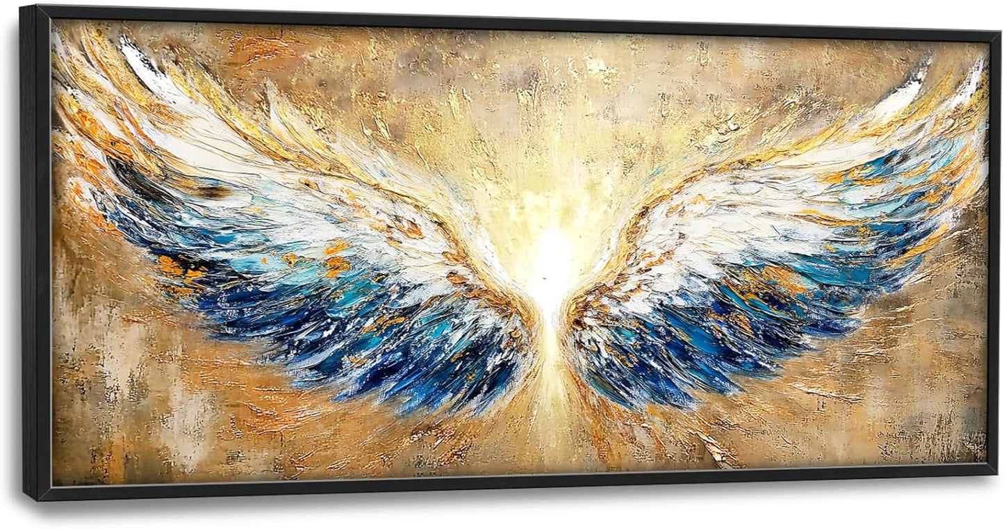 Extra Large Angel Wings Framed Wall Art for Living Room,Oversized Golden Wings Pictures Wall Decor,Holy Gold Blue Canvas Print Painting Modern Artwork Bedroom Office Bathroom 60L" x 30W"