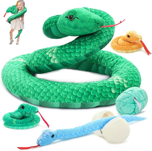 MorisMos Giant Snake Stuffed Animals Mommy with Babies, Realistic Snake Plush Toy,Large Stuffed Snake with Babies & Egg Plushies, Long Green Boa Constrictor Anaconda Toys for Kid Girl Boy Christmas