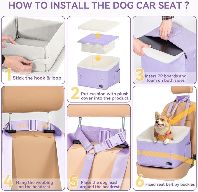 PETSFIT Dog Booster Car Seat, Soft Foam Cat Car Seat with Patented Safety Buckles, Storage Pockets and Detachable Clip-On Safety Leash, Dog Car Seats for Small Dogs Under 30 LBS (Purple)