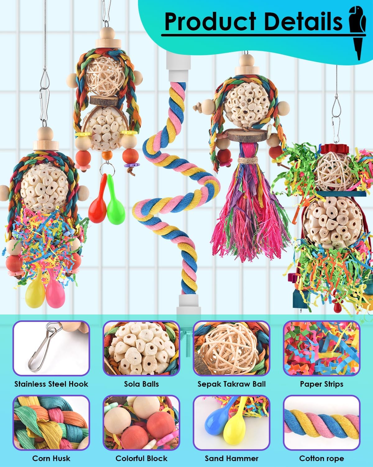 Bissap Conure Toys, 5 PCS Bird Foraging Shredder Hanging Swing Rope Perch Toys Sola Balls with Sand Hammer for Small Parrots Parakeets Conures Cockatiels Love Birds Cage Toy