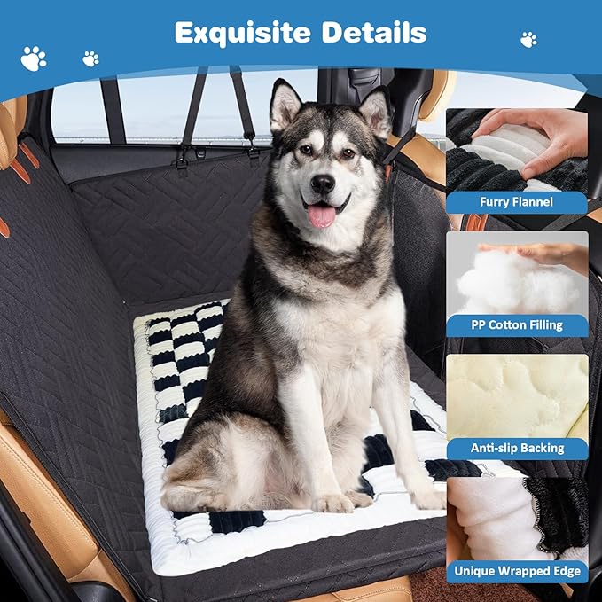 VClife Car Back Seat Cover for Dog, Non Slip Pet Bed Mat Washable Backseat Extender Cushion, Furry Dog Cat Travel Blanket Bed Modern White Black Plaid Bed, 51"×23.6"