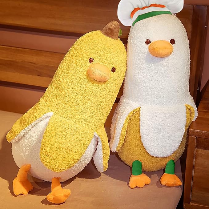 PEACH CAT Cute Banana Duck Stuffed Animal Long Banana Chef Duck Plush Pillow for Girls and Boys White 12"