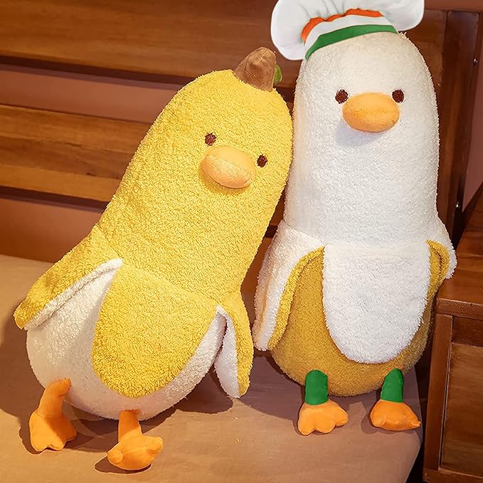 PEACH CAT Cute Banana Duck Stuffed Animal Long Banana Chef Duck Plush Pillow for Girls and Boys White 19.7"
