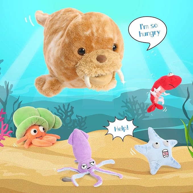 MorisMos 5Pcs Walrus Stuffed Animal Set,18'' Big Walrus Plush Toy with Crab,Lobster,Squid,Starfish Plushies,Bulk Marine Animal Gifts for Kid Girl Boy Ocean Lover Sea Animal for Birthday Christmas