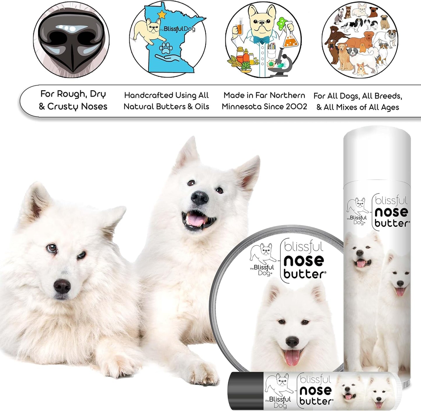The Blissful Dog Samoyed Nose Butter for Dry, Cracked Skin, Lick-Safe Dog Nose Balm with Moisturizing Shea Butter, Almond, Olive, and Essential Oils, Pet Supplies, Uncented, 1 oz.
