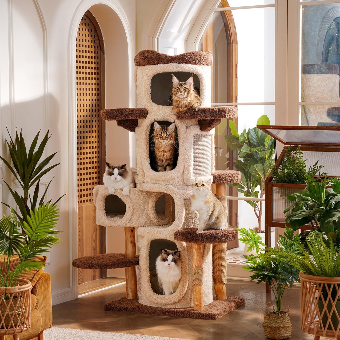 70" Heavy Duty Cat Tree for Large Cats with Toys, All-in-One Cat Tower with Cat Perch, Tall Cat Tower with Scratching Post, Brown Modern Cat House