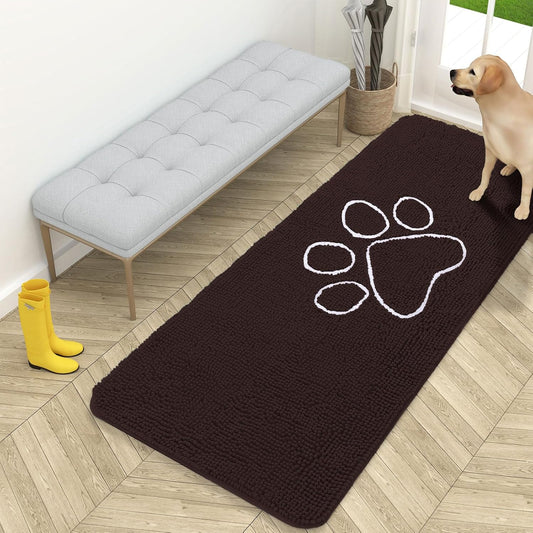 OLANLY Door Mat for Muddy Dog Paws 59x24, Ultra Absorbent Chenille Mud Doormat with Paw Print Design, Non-Slip Washable Doormat for Indoor Entryway, Quick-Dry Pet Bed Mats for Dirty Dogs, Brown