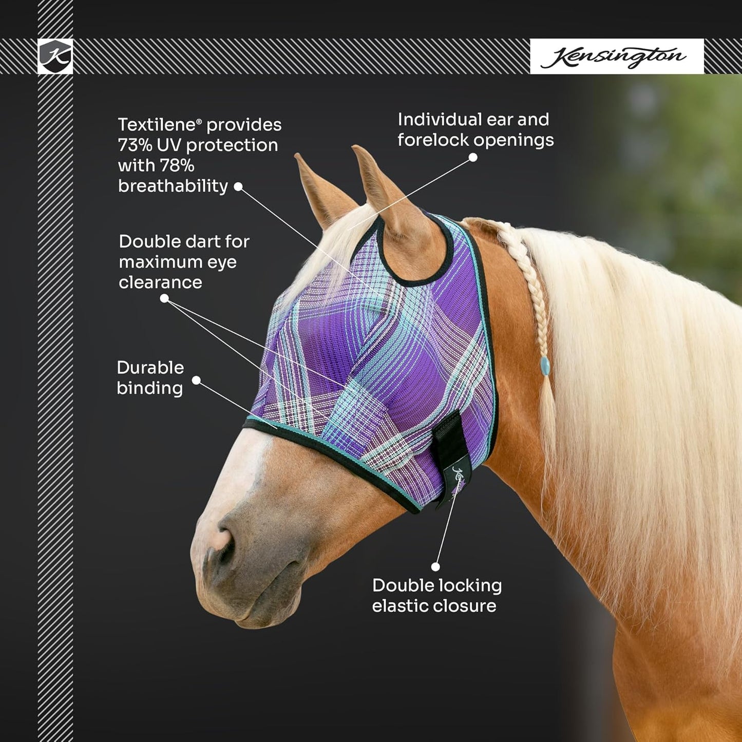 Kensington UV Horse Fly Mask with Web Trim - Protective Mask with Dual Ear Opening & Forelock Freedom - Large, Lavender Mint