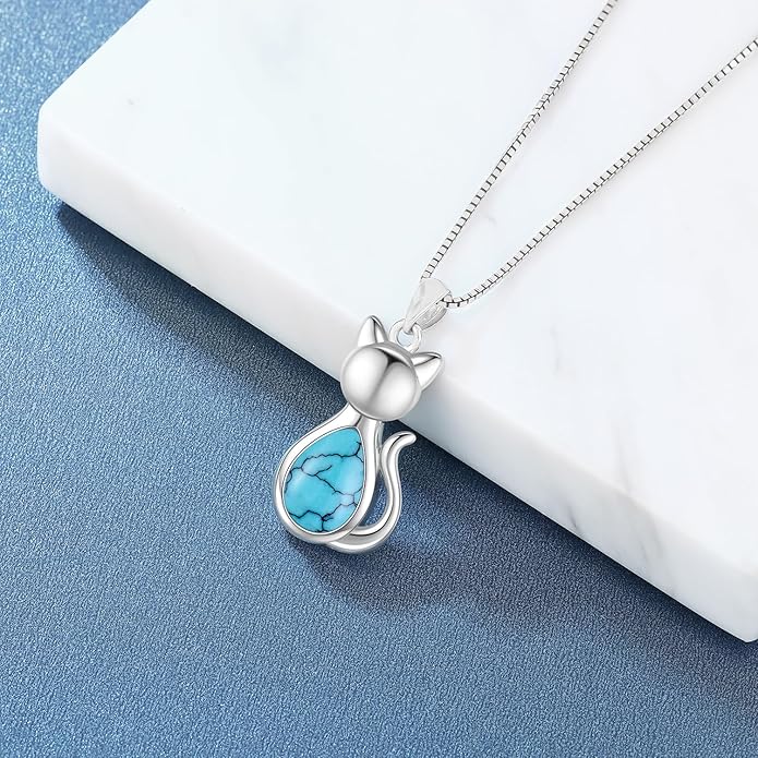 Odinstone Cat Birthstone Necklaces Jewelry Sterling Silver Cat Pendant Necklace Gift for Women Gifts, 18'' Silver Box Chain Women's Birthstone Crystal Cat Jewelry Gifts