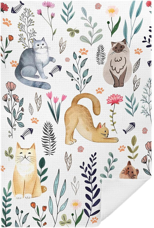 Pastoral Cat Kitchen Towels, Cat Lover Mom Lady Gifts Hand Towels for Bathroom Kitchen Decorative, Rustic Cottagecore Floral Kitty Kitten Dish Tea Towels Drying Cloth, 16x24 Inch