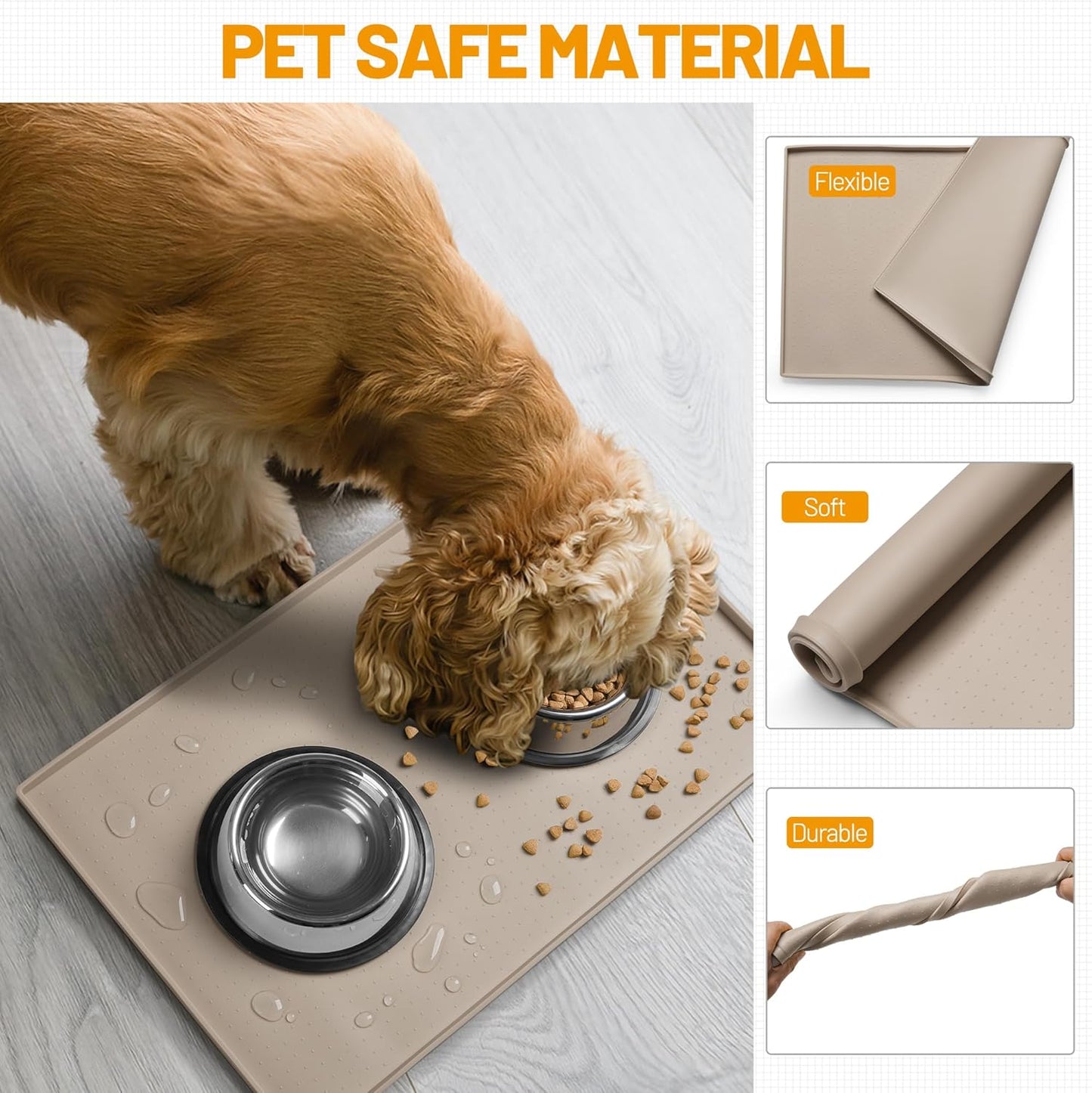 Hubulk Dog Feeding Mat,100% Waterproof Food Grade Silicone Pet Food and Water Bowl Placemat,Dishwasher, High Raised Edge to Prevent Spills,Nonslip Tray to Stop Messes on Floor（19"x12"x0.5", Taupe）