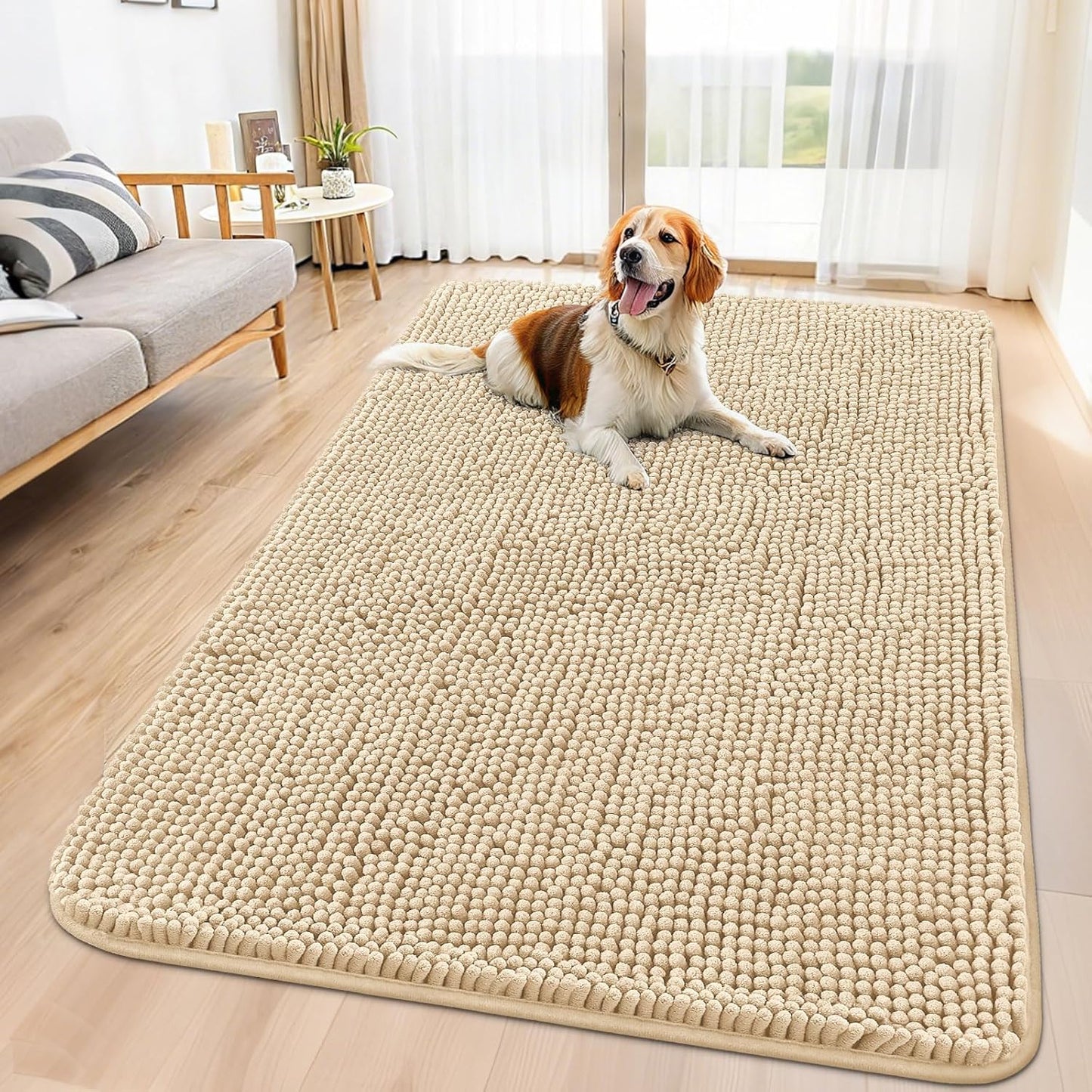 Smiry Dog Door Mat for Muddy Paws 59x32, Absorbs Moisture and Dirt Doormat, Non-Slip Washable Quick Dry Chenille Front Door Mat Indoor Entrance, Entryway Carpet for Inside Floor, Beige