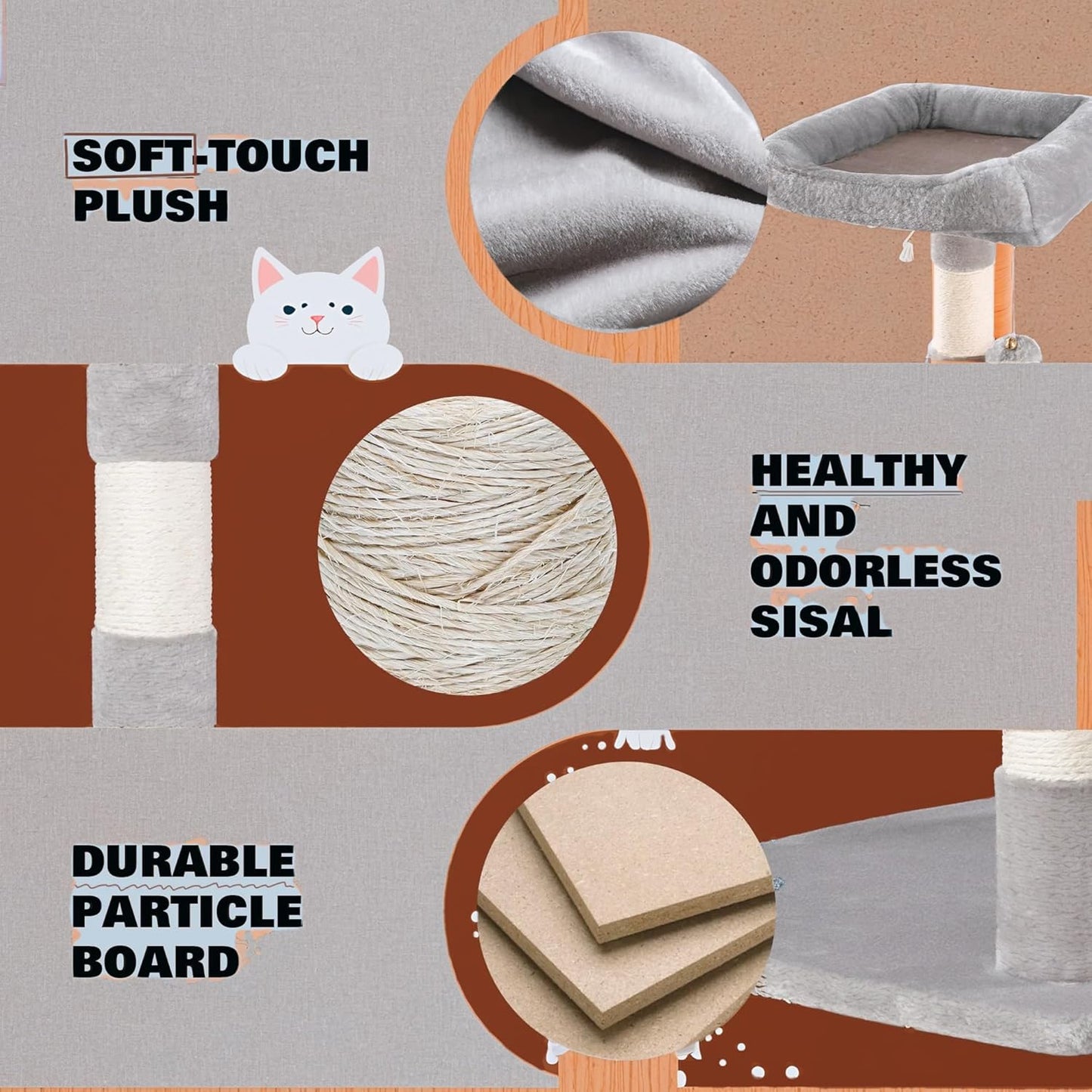 SHA CERLIN 73" Space-Saving Cat Tree/Multi-Level Tall Cat Tower with Perches/Scratching Posts/Condo & Hanging Baskets/Modern Fan-Shaped Design for Indoor Kitties/Pet Activity House/Grey