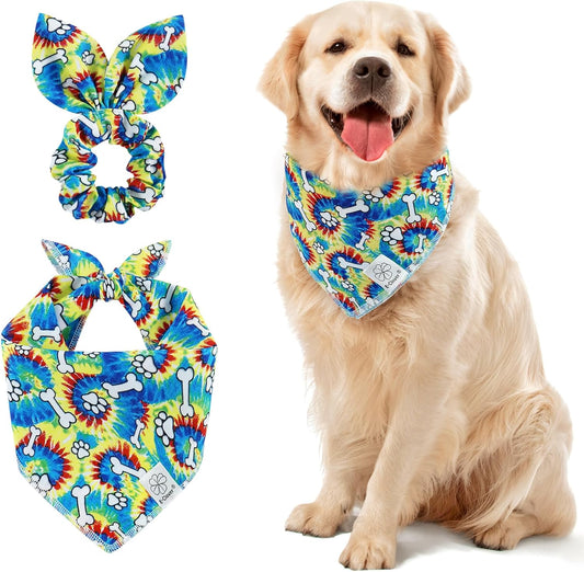 E-Clover Dog Bandanas Boy & Matching Scrunchie Set Girl Cute Rainbow Dog Scarf Bibs Pet Bandana with Bow Tie for Medium Large Dogs Owner Mom Pride