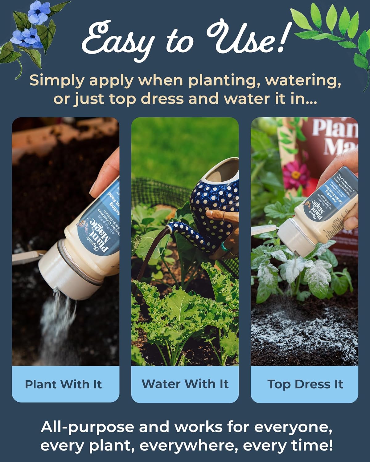 Organic Plant Magic - Truly Organic™ Easy to Use Soluble Plant Food Shaker: All-Purpose Fertilizer Concentrate for All Flower Vegetable Herb Fruit Tree Indoor Garden & House Plants [Four 3 oz Shaker]