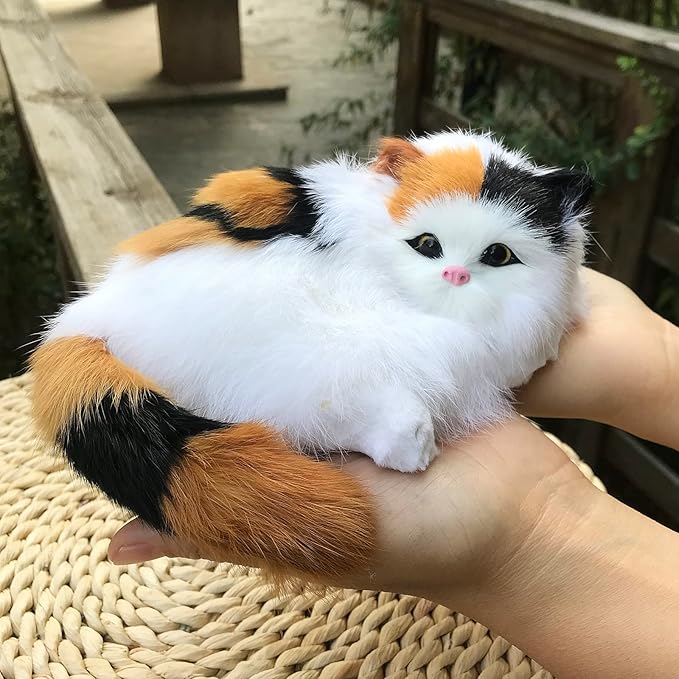 Realistic Plush Baby Calico Cat Figurine - Fluffy Decor for Home & Office Synthetic Kitten, Photo Props, Collectible Gift House Animal Kitty Replica