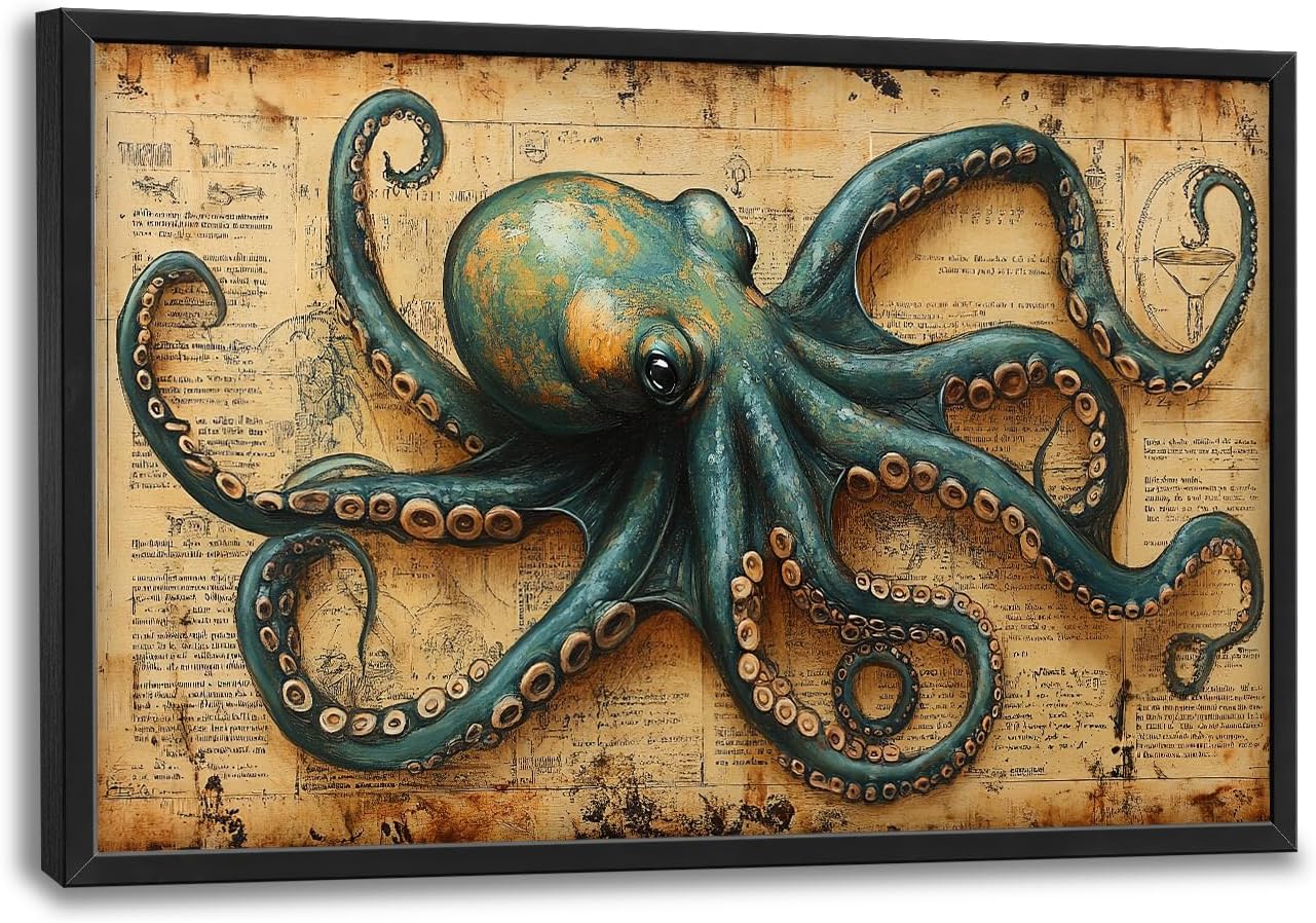 Large Octopus Nautical Wall Art for Living Room, Vintage Ocean Canvas Oversized Wall Decor, Rustic Sea Animal Framed Pictures Painting Print Artwork for Bedroom Office 36"L x 24"W