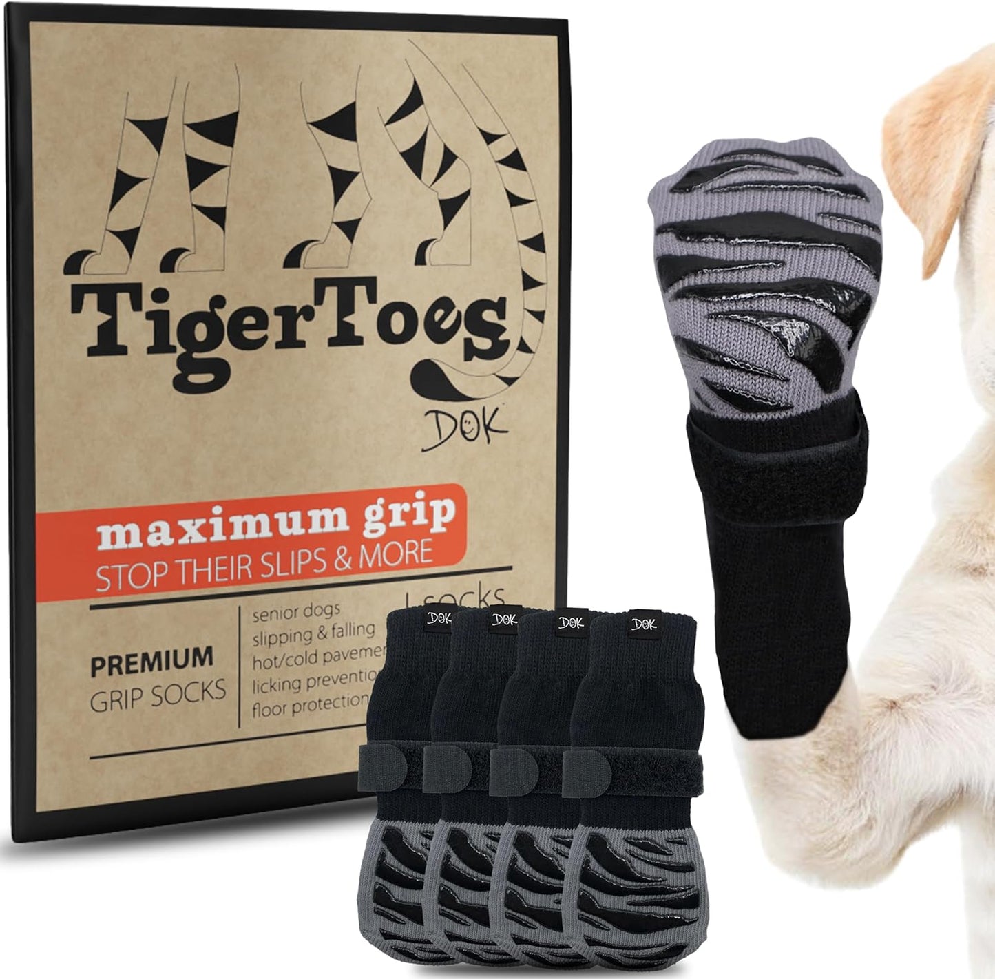 DOK TigerToes Premium Non-Slip Dog Socks for Hardwood Floors - Extra-Thick Grip That Works Even When Twisted - Prevents Licking, Slipping, and Great for Dog Paw Protection (XXL)