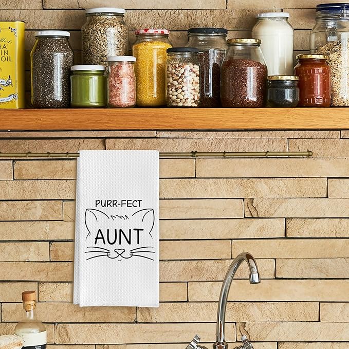Funny Cat Kitchen Towels for Aunt, Purr-FECT Aunt Hand Towels, Waffle Weave for Kitchen & Bathroom, Cat Lovers' Gift, 16x24 Inch