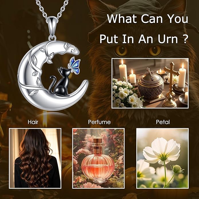 TIGER RIDER Moon Cat Necklace 925 Sterling Silver Blue Butterfly Black Jewelry Gifts Birthday Christmas Gifts for Women Wife Cat Lovers