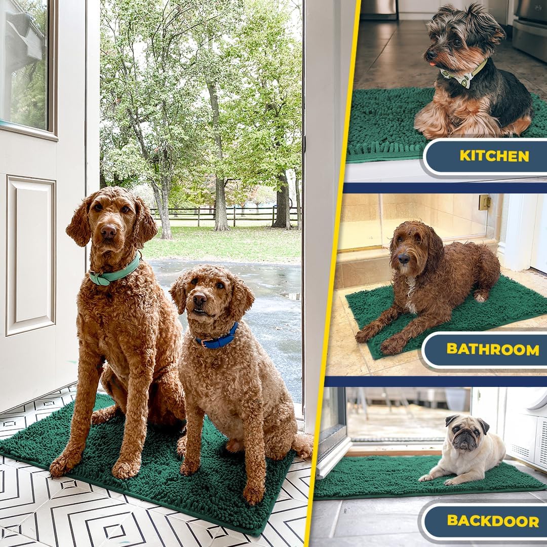 Muddy Mat® AS-SEEN-ON-TV Highly Absorbent Microfiber Dog Door Mat and Pet Rug, Non Slip Thick Washable Area and Bath Mat Soft Chenille for Kitchen Bathroom Bedroom and Indoor - Dark Green XXXL 72"X48"
