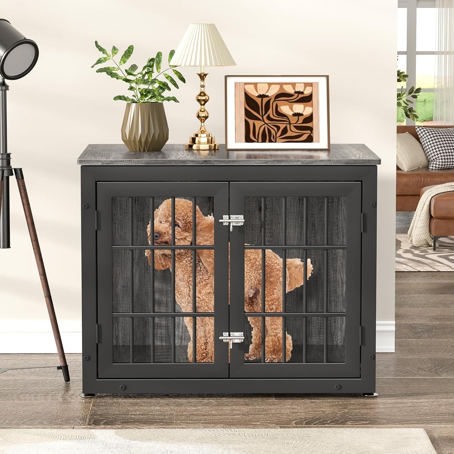 32" Heavy Duty Dog Crate Furniture for Small and Medium Dogs, Metal Kennel for High Anxiety Dogs, Chew Proof Pet Cage Indoor, Decorative Dog Kennel End Table