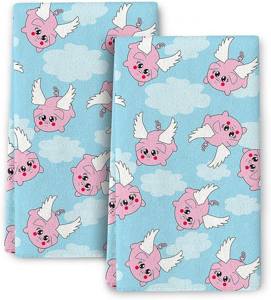Funny Flying Piggies Kitchen Towels Decorative Set, Absorbent Cute Piggy Hand Tea Dish Towels, Pig Kitchen Decor, Gift for Pig Lovers Women Girls Set of 2 16x24 Inch