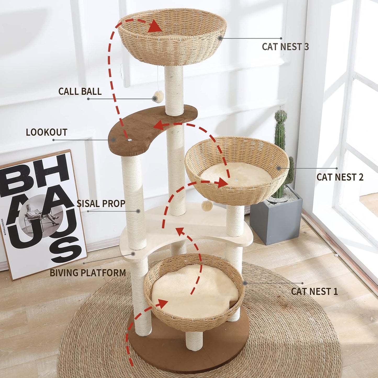 52" Modern Cat Tree Tower for Large Cats, 3Cat Nests Manual Hand Woven Multilevel Huge Paws Pals Cat Tree, Wood Cat Tower, Cat Scratching Tree, Cat Condo, Cat Lover Gift