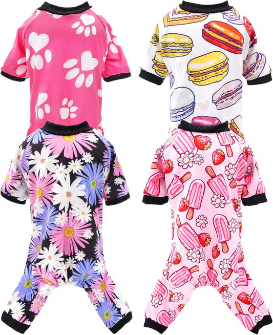 PET SHOW 4 Pack Dog Pajamas for Extra Large Dogs Girl Soft Stretchy PJs Paw Floral Jumpsuit Dog Doughnut Ice Cream Onesies Outfits with Sleeve Pets Breathable Summer Clothes Costume XXXL