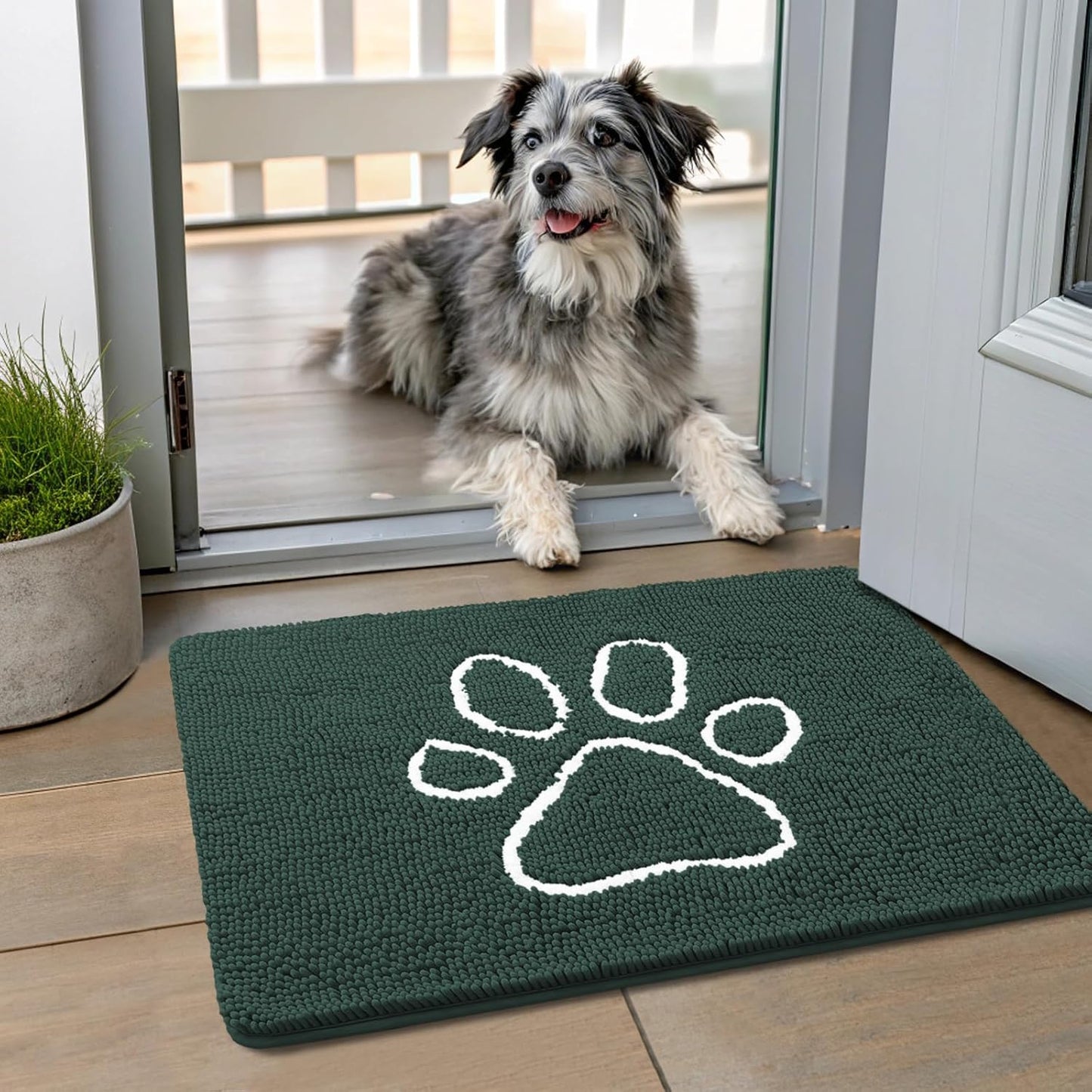 Smiry Dog Door Mat for Muddy Paws, Absorbent Dirt Trapper Non Slip Quick Dry Washable Chenille Mat for Mud Dogs, Entry Rug for Indoor and Outdoor (24x16 Inches, Green)