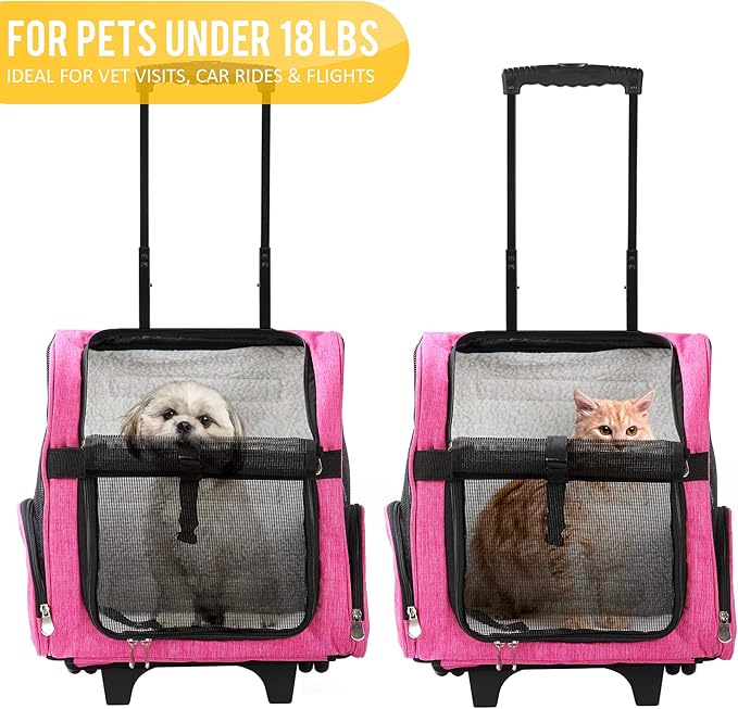 KOPEKS Deluxe Backpack Pet Travel Carrier with Double Wheels for Pets up to 18 Pounds - Pink