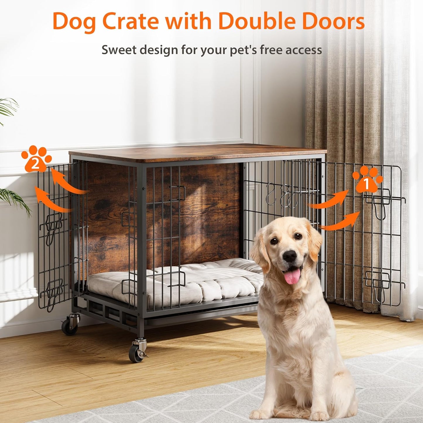 Dog Crate Furniture, 32.5" Wooden Dog Crate Furniture Side End Table, Indoor Kennel with Double Doors, Dog Crates for Medium Dogs, Rustic Brown