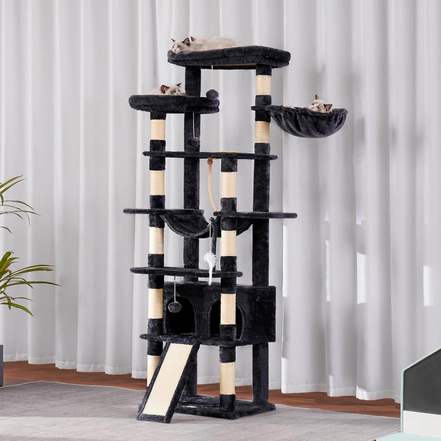 Heybly Tall Cat Tree, 78-inch Multi-Level Cat Tower for Indoor Cats, 2 Widened Plush Perches Cat Condo with Scratching Board and Big Caves, Smoky Gray HCT033G