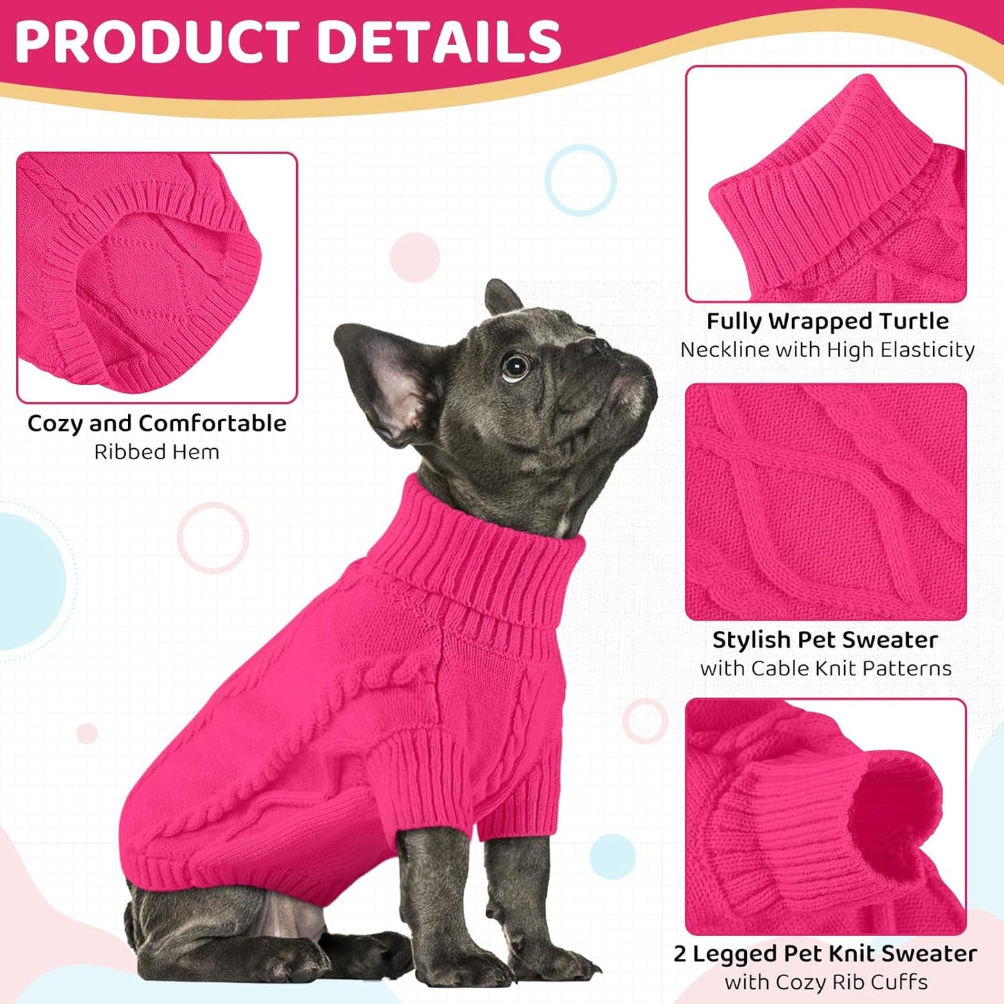 Queenmore Dog Sweater Large Size,Warm Dog Sweaters for Big Dogs,Chunky Knitted Doggy Sweater for Extra Large Dogs Boy Girl, Big Doggie Turtleneck Winter Outfit (Fuchsia,2XL)